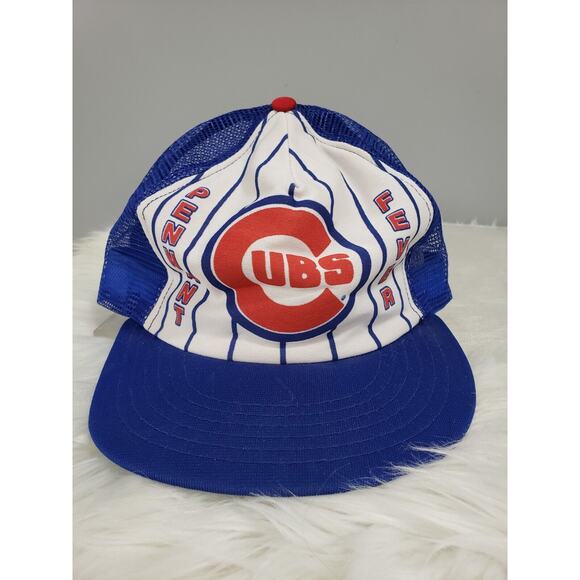 VINTAGE 90s Rare Chicago Cubs Pennant Fever Blue/White Striped Mesh Snapback Hat - Picture 1 of 7